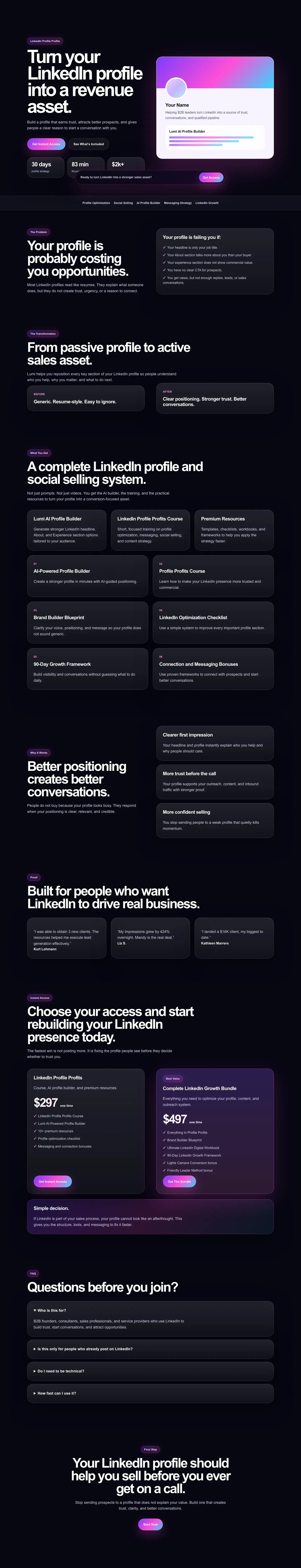 LinkedIn Profile Profits full landing page layout