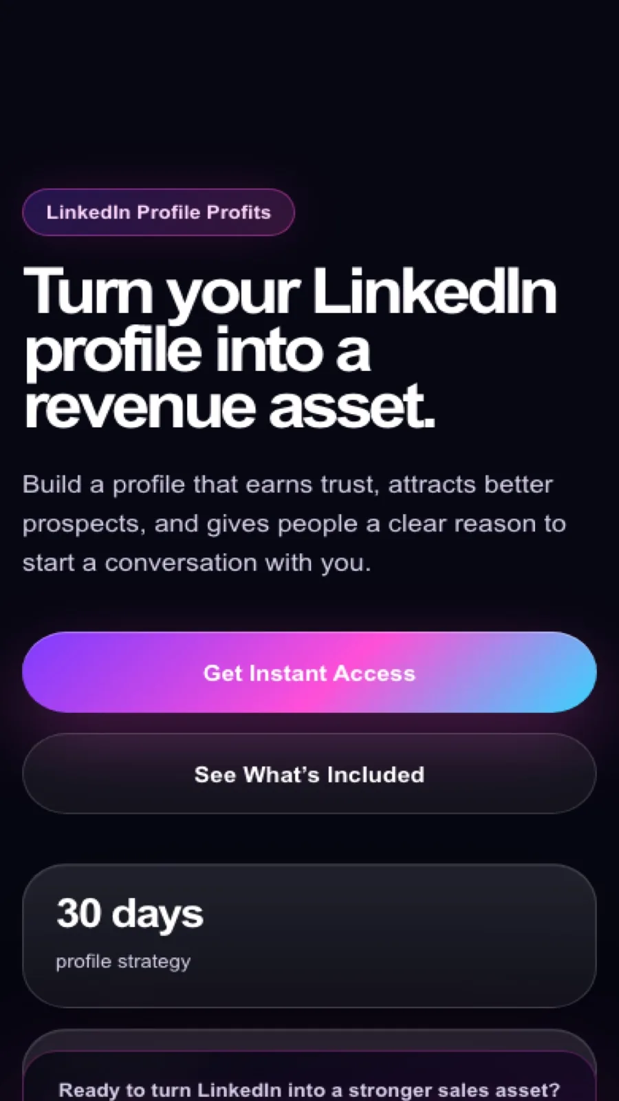 LinkedIn Profile Profits mobile landing page