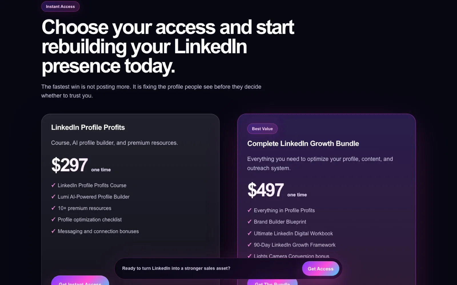 LinkedIn Profile Profits pricing section