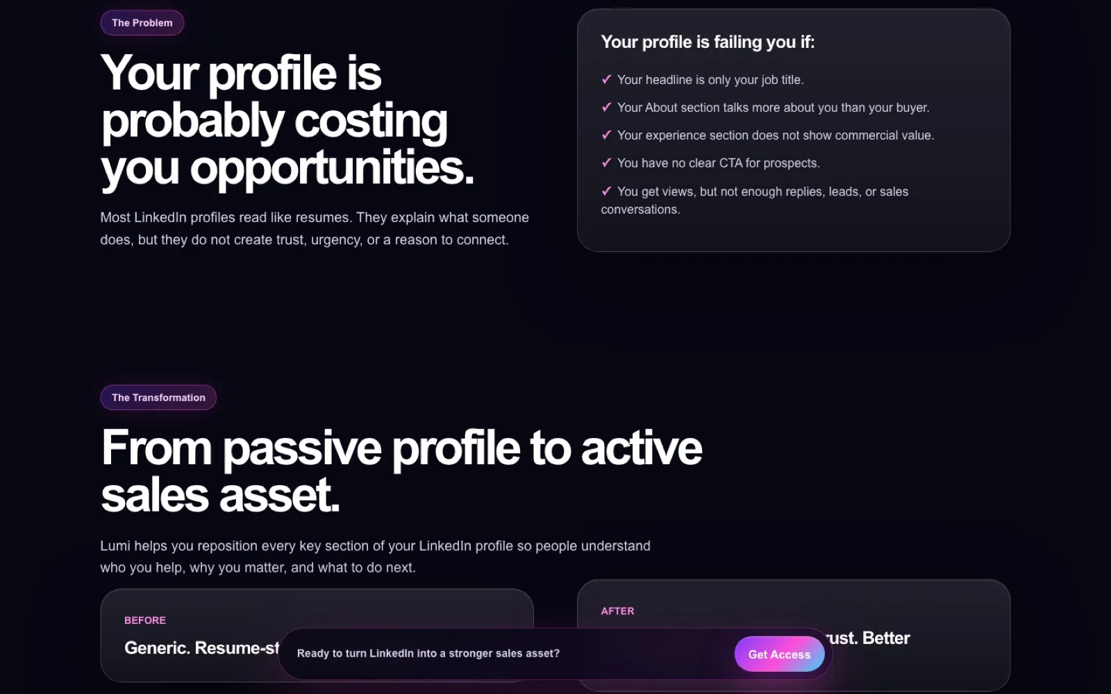 LinkedIn Profile Profits problem awareness section
