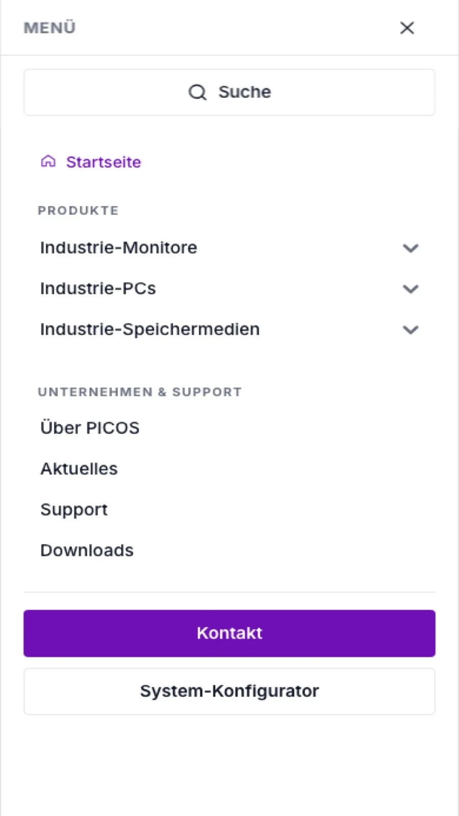 PICOS mobile navigation menu