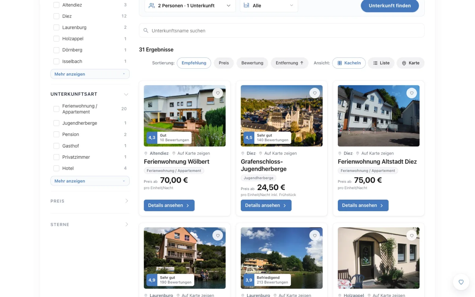 TourismDesk accommodation grid with ratings and map links