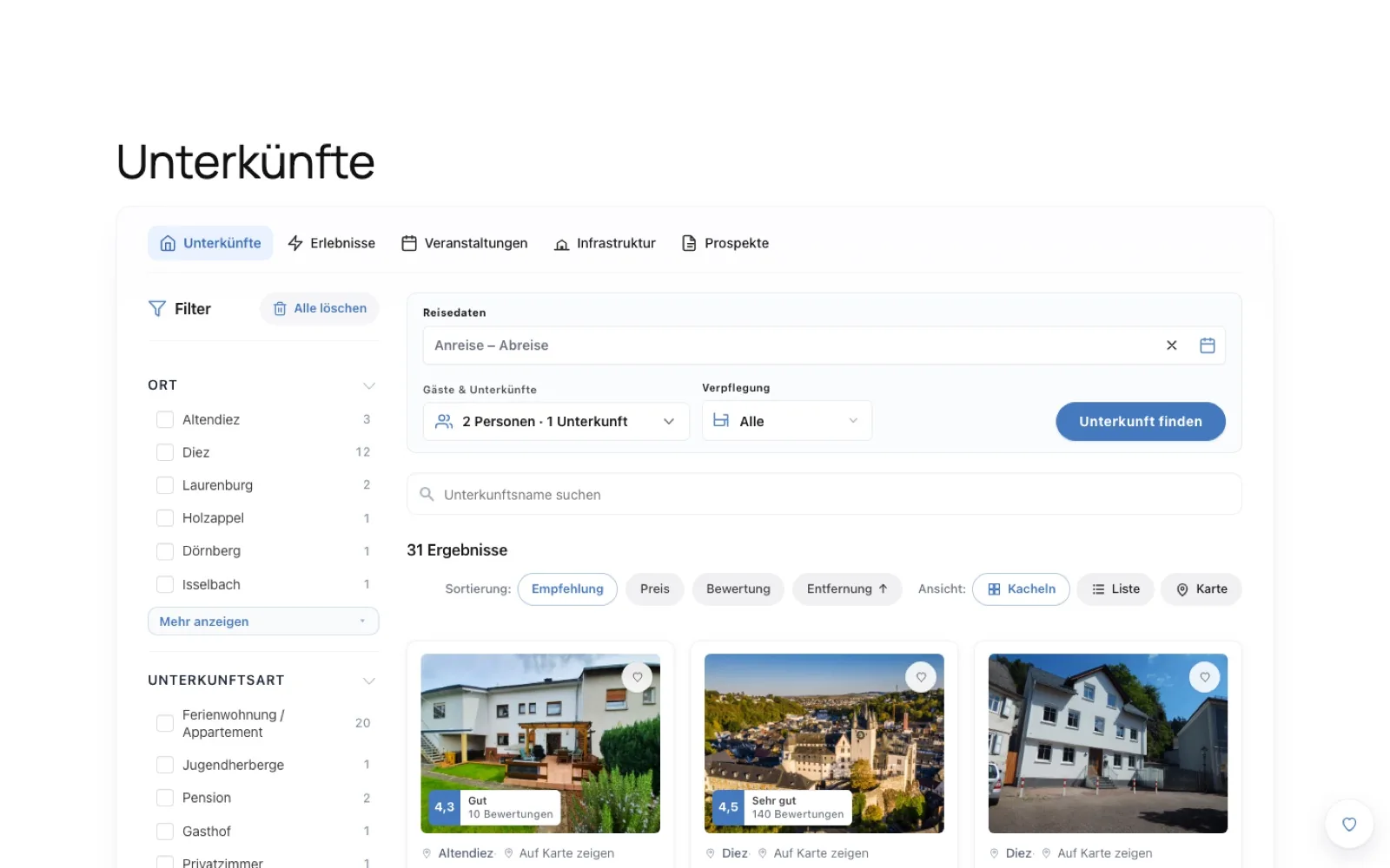 TourismDesk accommodation listing with filters and search