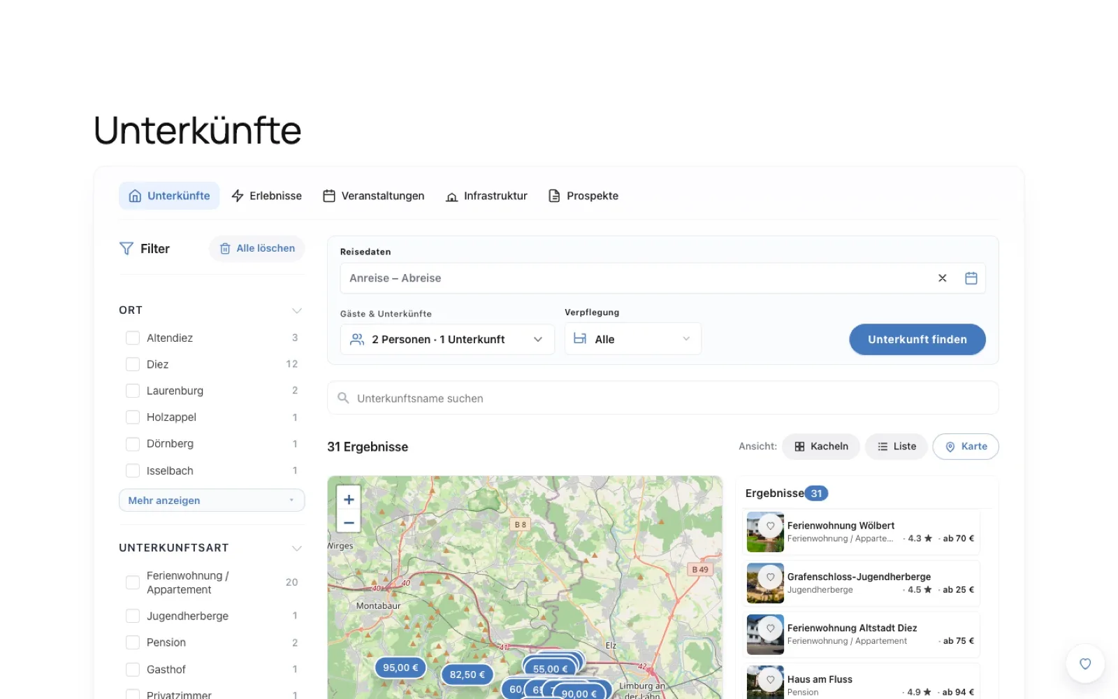 TourismDesk map view with synchronized listing markers and cards