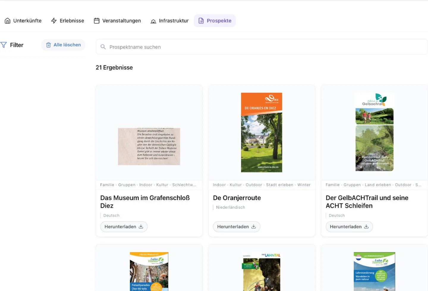 TourismDesk brochures listing block with download cards