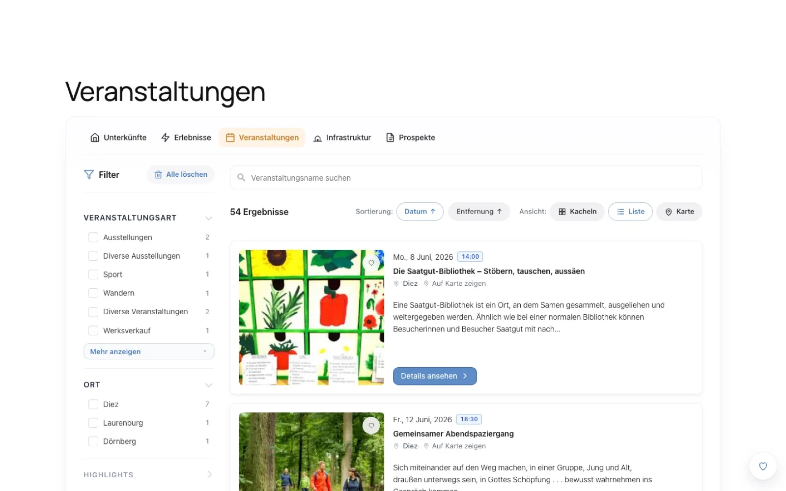 TourismDesk event listing with calendar filters