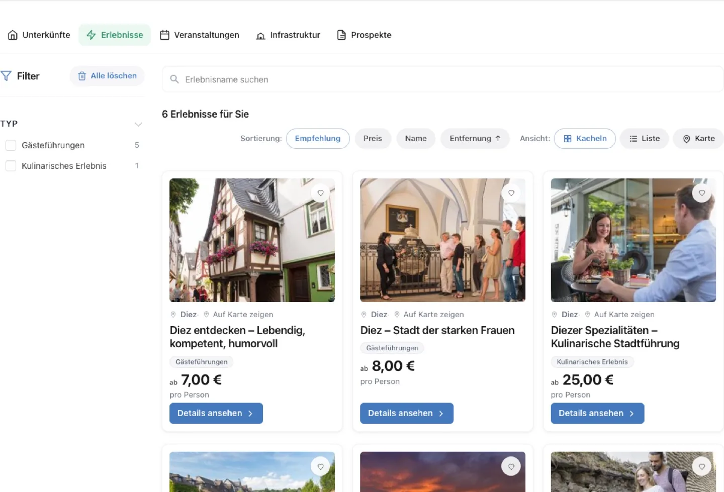 TourismDesk experiences listing block with filters and cards