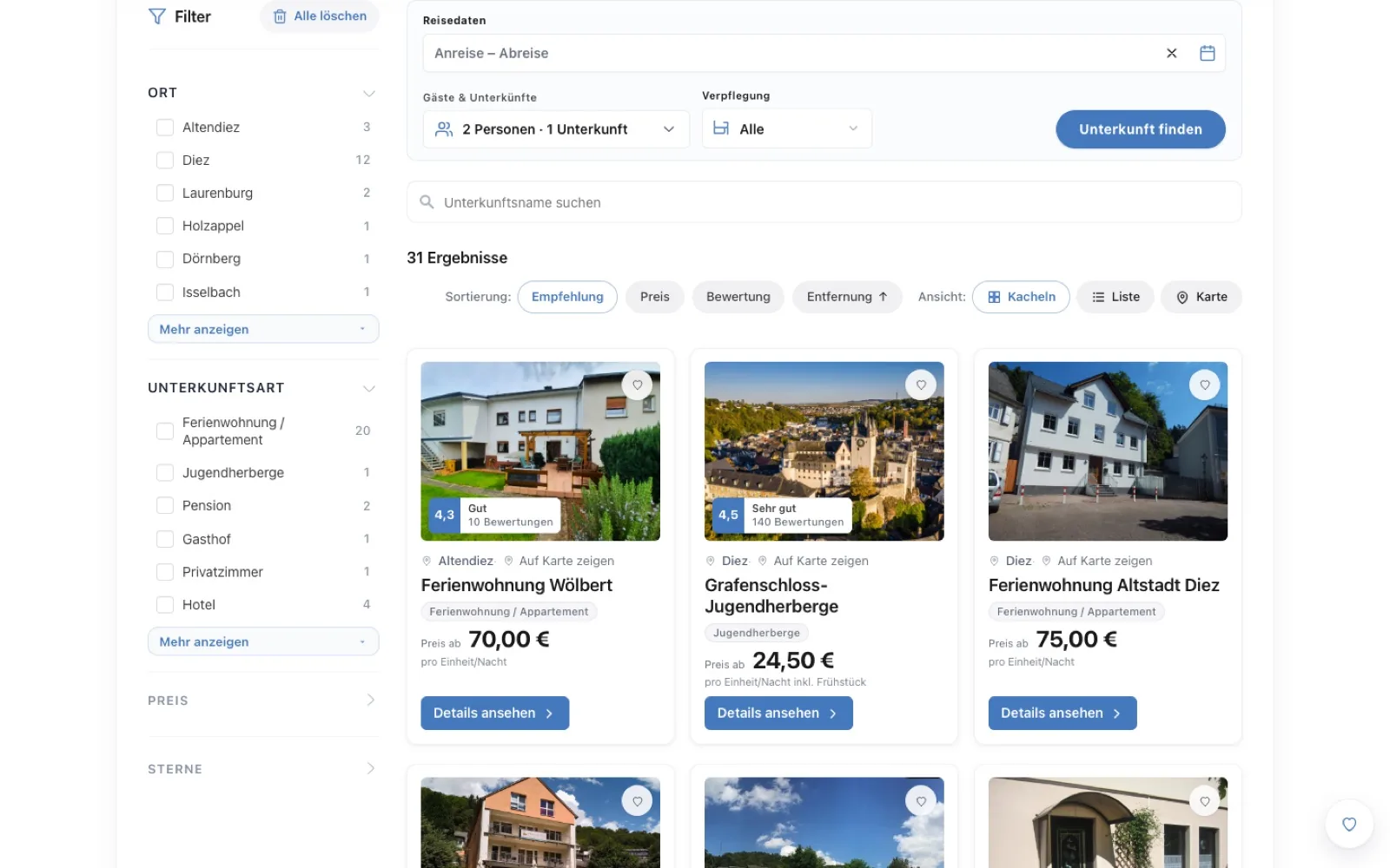 TourismDesk filter interface with location and accommodation type criteria