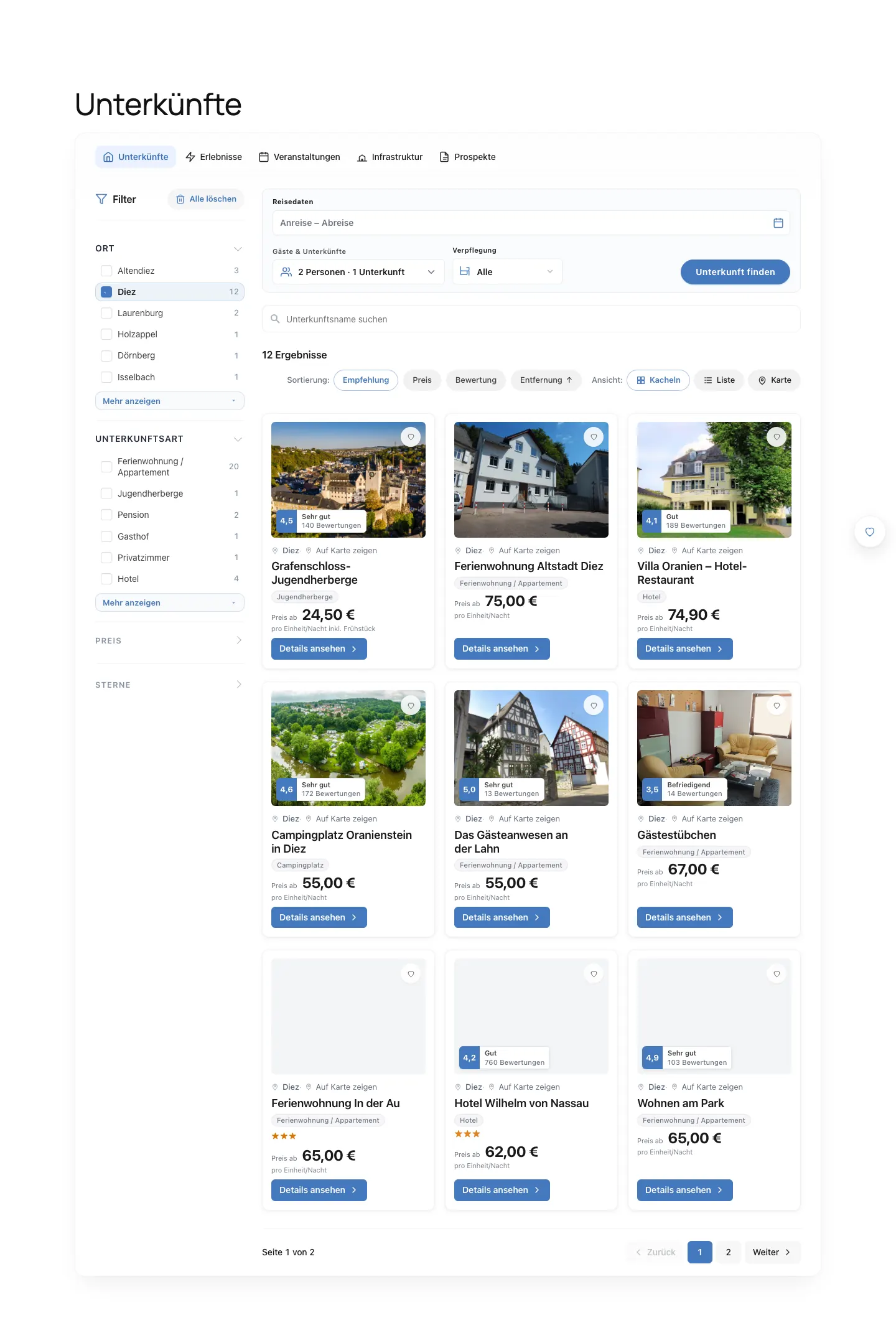 TourismDesk full page with Diez region filter applied