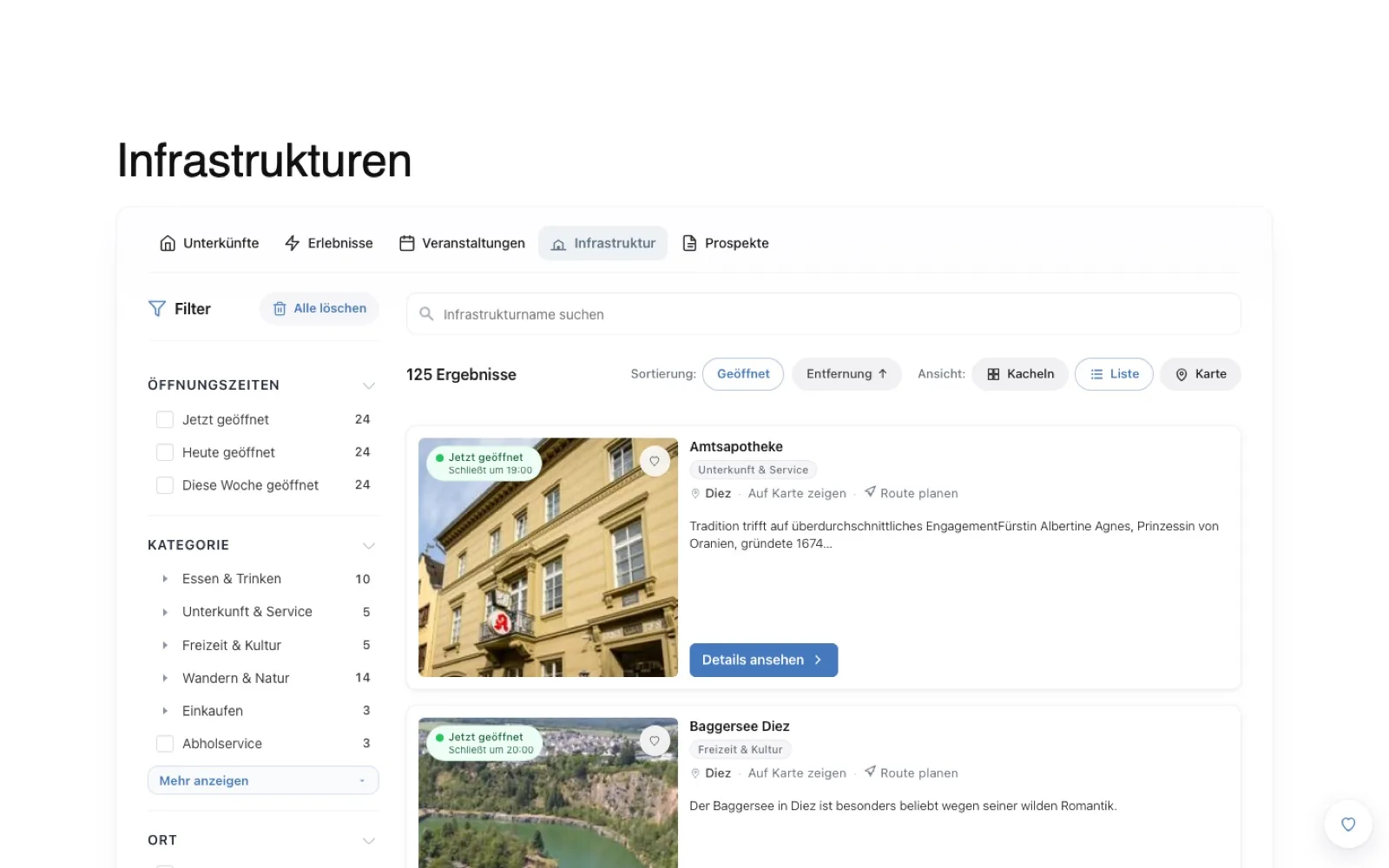 TourismDesk dynamic infrastructure listing powered by API data