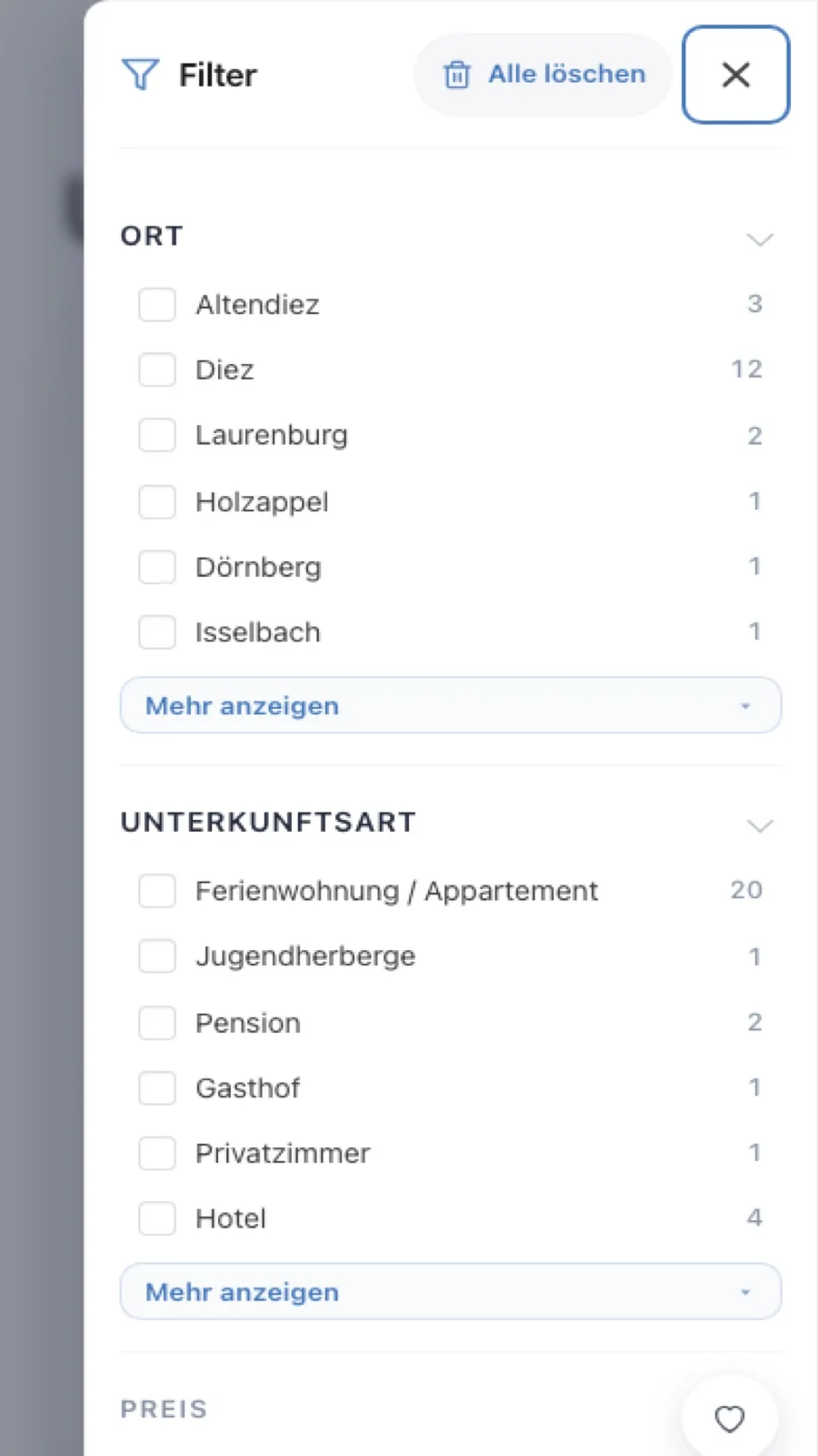 TourismDesk mobile filter drawer interface