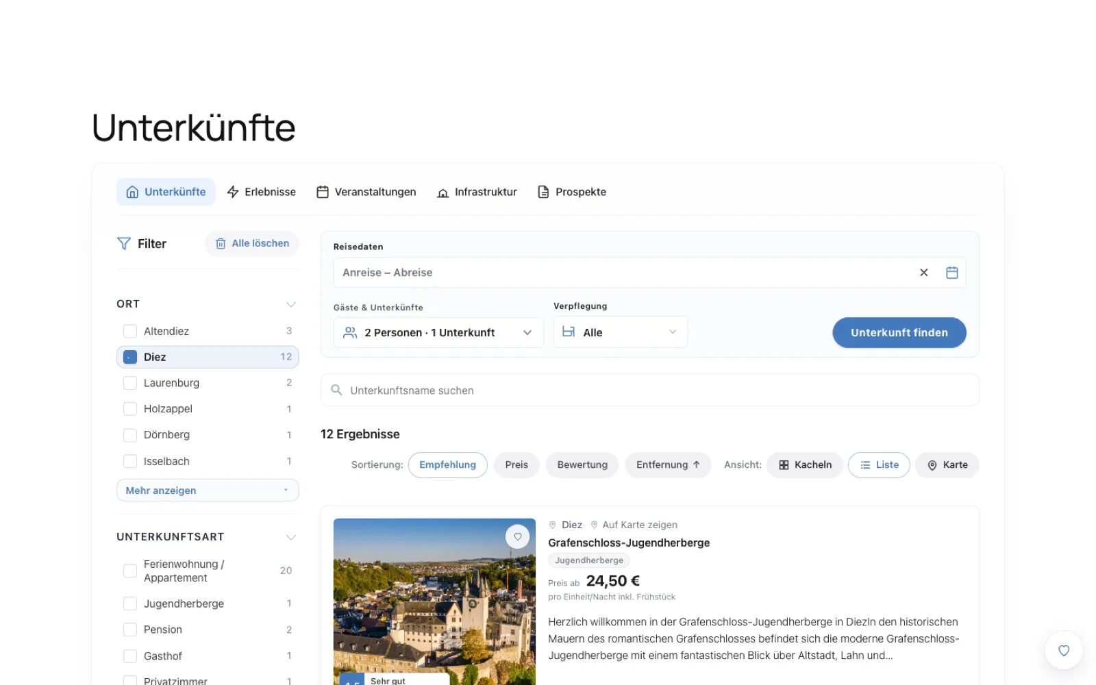 TourismDesk accommodation results filtered by Diez region