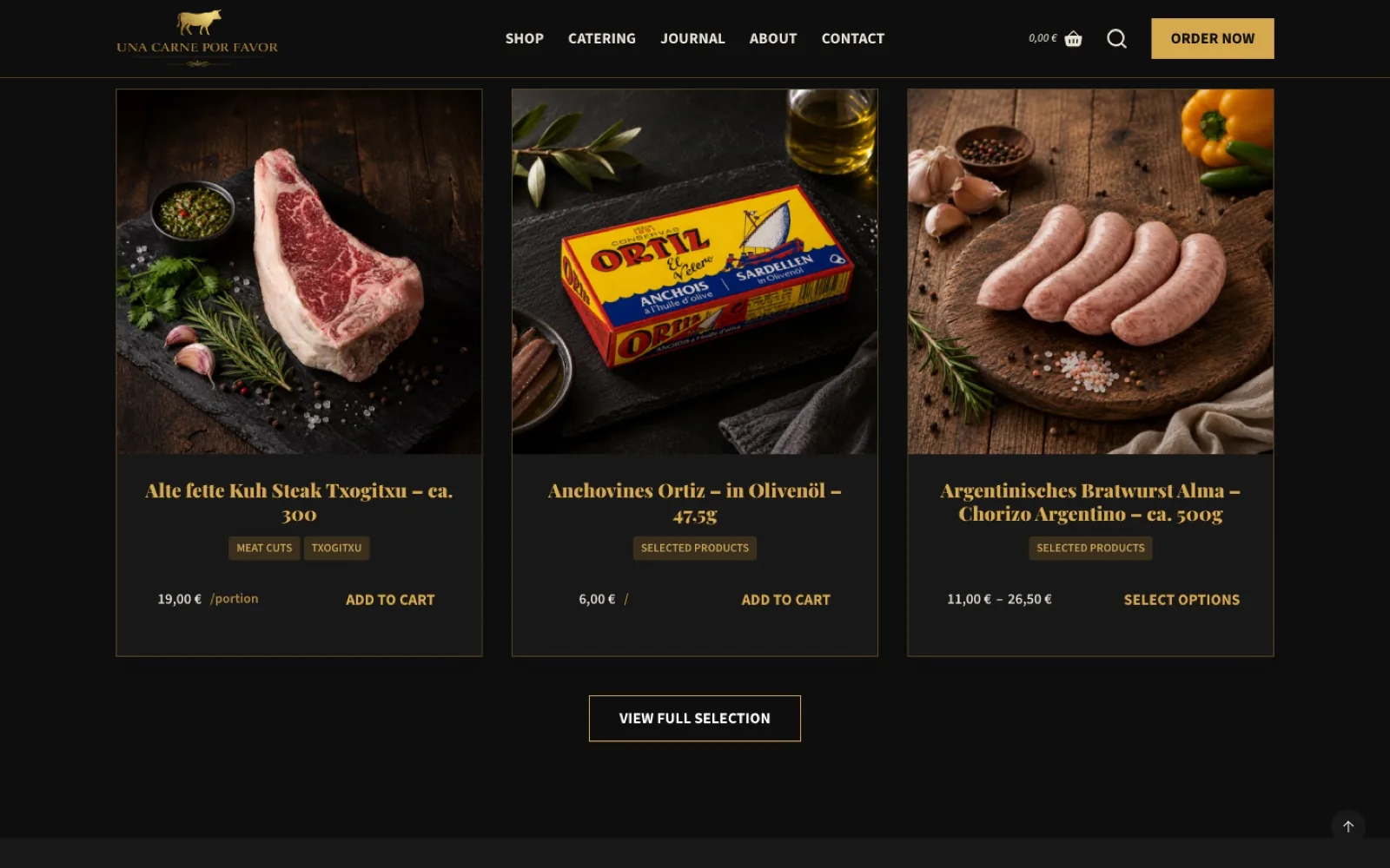 Una Carne Por Favor product categories and journal section