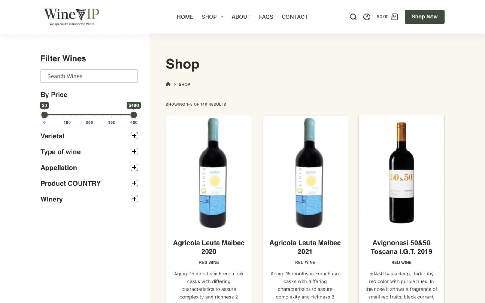 WineVIP WooCommerce shop page