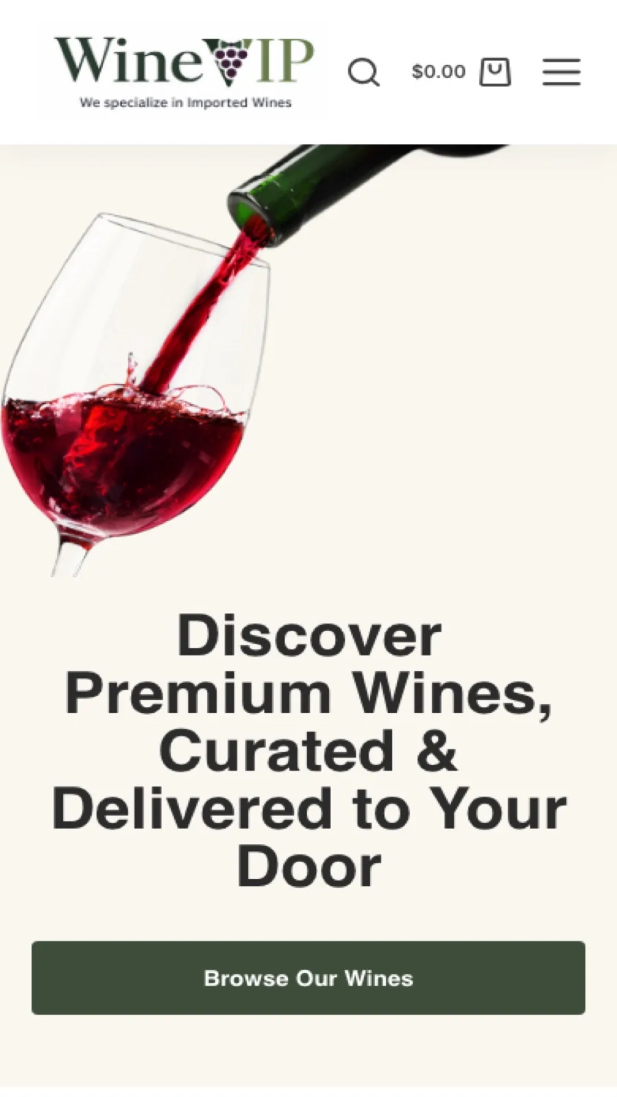 WineVIP mobile homepage