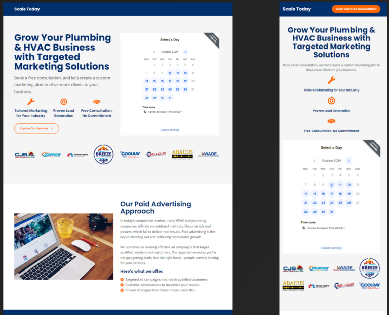 Landing Page with Integrated Booking System for HVAC and Plumbing Services